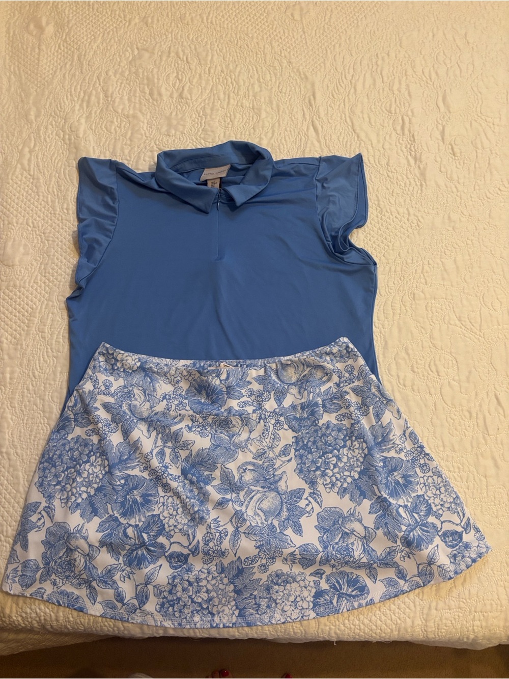 Laura Ashley Periwinkle Flutter Sleeve Polo Top & Floral Periwinkle/Cream Skort